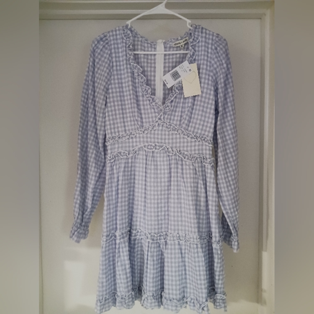 Allison + Kelly Long Sleeve Ruffle Trim Gingham Fit And Flare Lavender Dress. - Picture 3 of 5